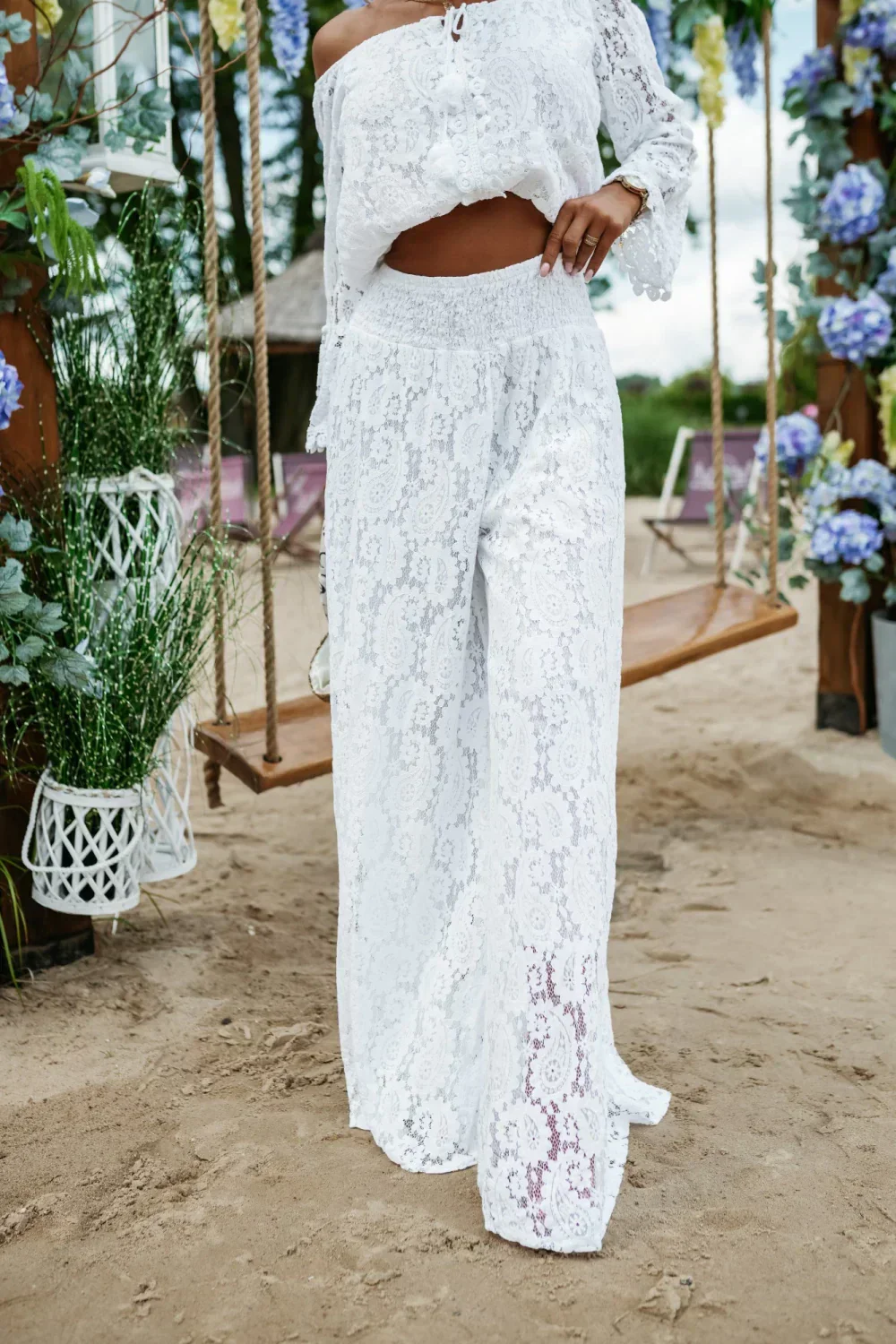 KOMPLET AŻUROWY SAINT TROPEZ BOHO TOP + SPODNIE BIAŁY - Image 2